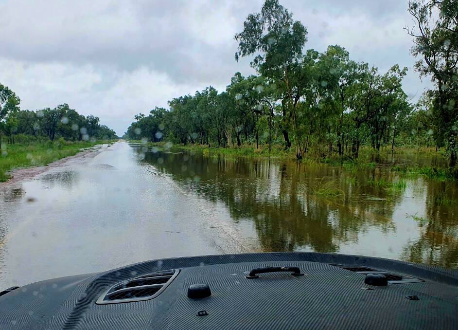 The flooded Stuart Highway near Daly Waters in January 2024. 