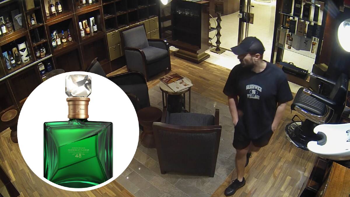 CCTV footage from Fidels the Cellar shows the man police seek to interview about a missing bottle of $62,000 Johnnie Walker Masters of Flavour whisky (inset). Picture supplied/Diageo 