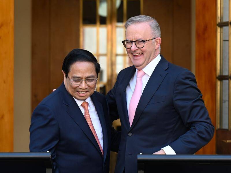 Prime ministers Anthony Albanese and Pham Minh announced a new Australia-Vietnam partnership. (Lukas Coch/AAP PHOTOS)