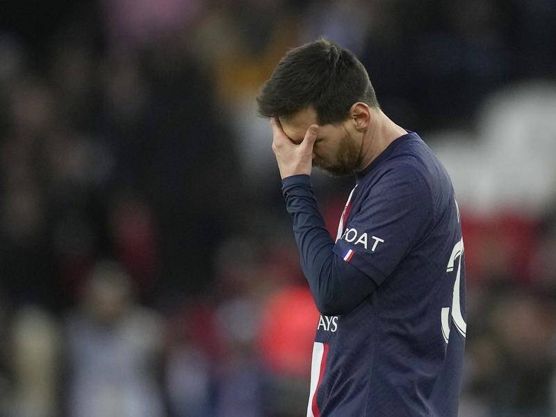Lionel Messi shows his despair in the closing minutes of Paris Saint-Germain's home loss to Rennes. (AP PHOTO)